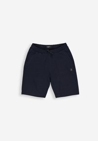 Navyblaue Baumwollshorts mit elastischem Bund, Kordelzug und zwei Seitentaschen. Mit einem kleinen Logopatch auf der Vorderseite.