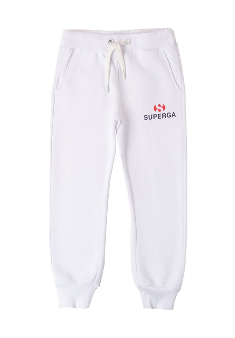 Pantalones de chándal blancos hechos de una mezcla de algodón, con una cinturilla ajustable, bolsillos laterales y un logotipo "SUPERGA" en rojo y azul.