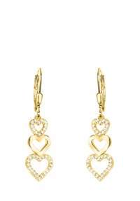 Guldtonade hjärtformade hängande örhängen med tre staplade hjärtan, två av dem prydda med rhinestones, och med låsning av typ lever-back.