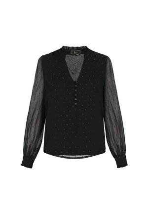 Zwarte blouse met lange, doorschijnende mouwen en een V-hals. Heeft een gestructureerde stof met kleine, subtiele patronen en vijf knopen als accent.