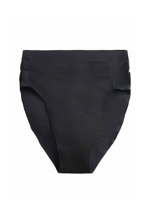 Drie zwarte naadloze slips met hoge taille opgestapeld, vooraanzicht, op een witte achtergrond.