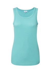 Sleeveless ribbed turquoise tank top with round neckline and TOG24 brand label inside collar.
