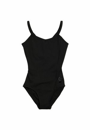 Costume intero nero con spalline sottili, scollatura a V e un piccolo dettaglio logo sul lato. Realizzato in materiale morbido e elastico.