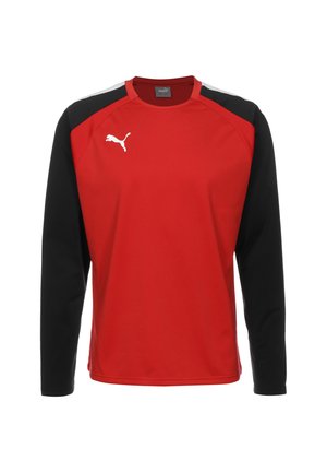 Rode sportieve lange mouw shirt met zwarte mouwen, ronde hals en wit Puma-logo op de borst. Gladde stof met een sportief ontwerp.