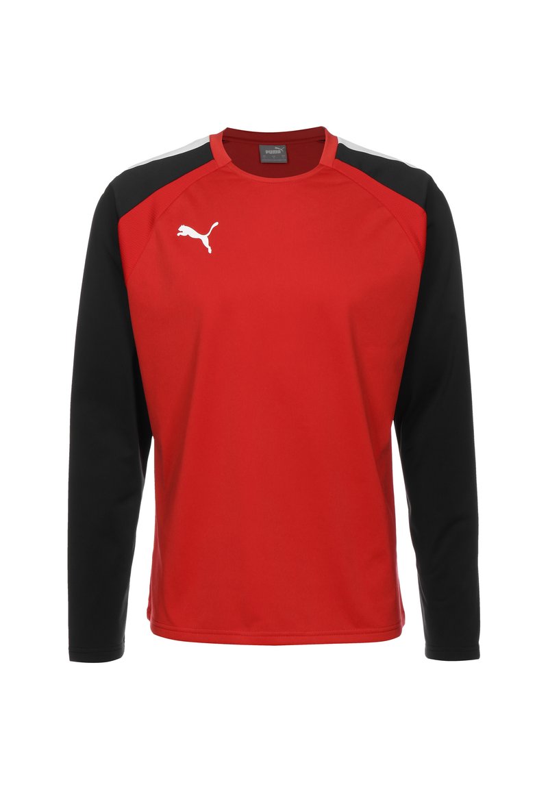 Maglietta atletica rossa a maniche lunghe con maniche nere, colletto rotondo e logo Puma bianco sul petto. Tessuto morbido con un design sportivo.