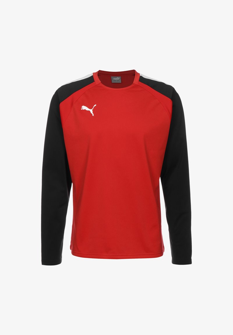 Rotes langärmliges Sportshirt mit schwarzen Ärmeln, rundem Hals und weißem Puma-Logo auf der Brust. Glattes Material mit sportlichem Design.