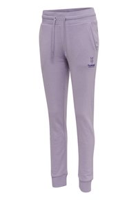 Light purple jogger pants with elastic waistband, drawstrings, side pockets, cuffed ankles, and small dark purple Hummel logo on left thigh.