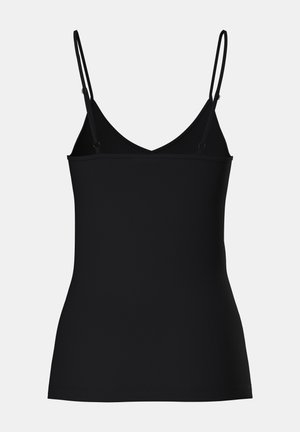 Black camisole top with thin adjustable straps, V-neck design, fitted shape, and seamless texture. Simple and minimalistic style.