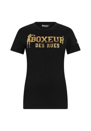 Schwarzes T-Shirt aus Baumwolle mit kurzen Ärmeln, mit goldener Schrift "BOXEUR DES RUES" und einer Silhouettengrafik auf der Vorderseite.