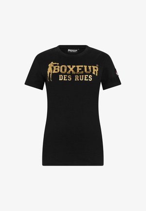 Schwarzes T-Shirt aus Baumwolle mit kurzen Ärmeln, mit goldener Schrift "BOXEUR DES RUES" und einer Silhouettengrafik auf der Vorderseite.