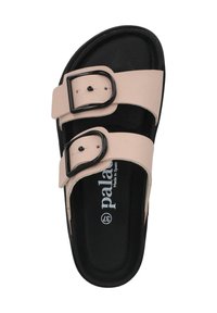 Sandales à glissière rose clair avec deux sangles réglables noires à boucle, semelle noire contrastante et semelle intérieure rembourrée. Taille 37.