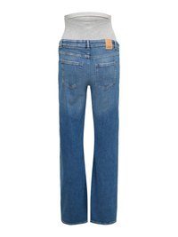 Blugi de maternitate albaștri cu buzunare pe spate și o talie elastică gri pentru susținerea burții, fotografiați din spate pe un fundal alb.