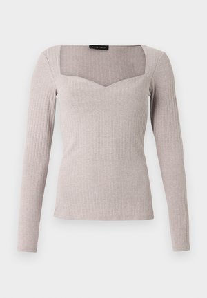 Långärmad topp i ljusgrå ribbad tyg, med fyrkantig halsringning och V-formad front, figursydd modell med slät yta.