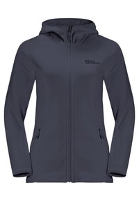 Marinblå softshell-jacka med dragkedja framtill, justerbar huva och två sidofickor. Har en logotyp på vänster bröst och en slank, figursydd design.