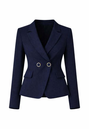 Blazer sartoriale blu navy con maniche lunghe, revers a punta, due bottoni ad anello dorati e tasche frontali con pattina.