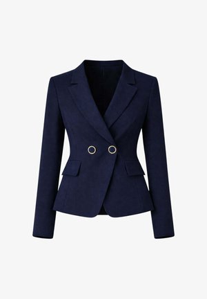 Blazer sartoriale blu navy con maniche lunghe, revers a punta, due bottoni ad anello dorati e tasche frontali con pattina.