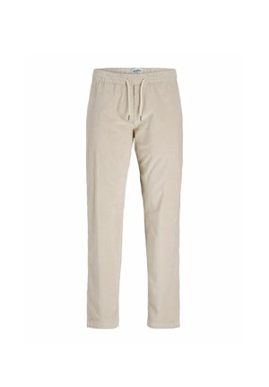 Pantaloni in velluto a coste beige con vita regolabile, gambe dritte e texture a coste verticali. Senza tasche o decorazioni aggiuntive.
