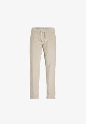 Pantalons en velours côtelé beige avec une taille à cordon de serrage, jambes droites et texture côtelée verticale. Pas de poches ni d'ornements supplémentaires.