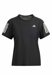 Svart kortärmad sport-T-shirt med vitt Adidas-logotyp på bröstet och tre vita ränder på varje ärm.