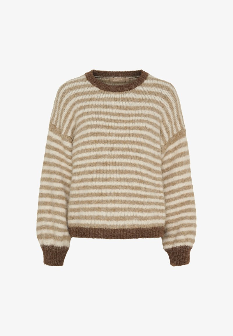 Stribet sweater i kremfarvet og lys brun, lavet af blødt, fuzzy materiale. Har en rund hals og ribbede manchetter og kant.