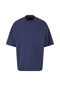 Mørkeblå bomulds t-shirt med rund halsudskæring, korte ærmer, afslappet pasform og uden synlige mønstre eller detaljer. Glat tekstur.