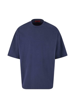 Navy blue cotton t-shirt with a round neckline, short sleeves, relaxed fit, and no visible patterns or accents. Smooth texture.