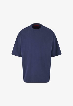 navyfarbendes Baumwoll-T-Shirt mit rundem Halsausschnitt, kurzen Ärmeln, lockerer Passform und ohne sichtbare Muster oder Akzente. Glatte Textur.