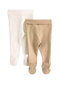 Due paia di collant rigati: uno bianco e uno beige, entrambi con aperture per i piedi. Il materiale è morbido e l'elastico in vita è largo e elastico.