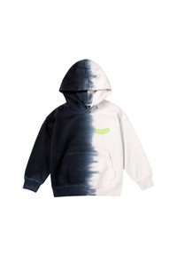 Hoodie met een kleurverloop van zwart naar wit, met een voorzak en een klein groen logo op de borst. Zachte katoenen stof.