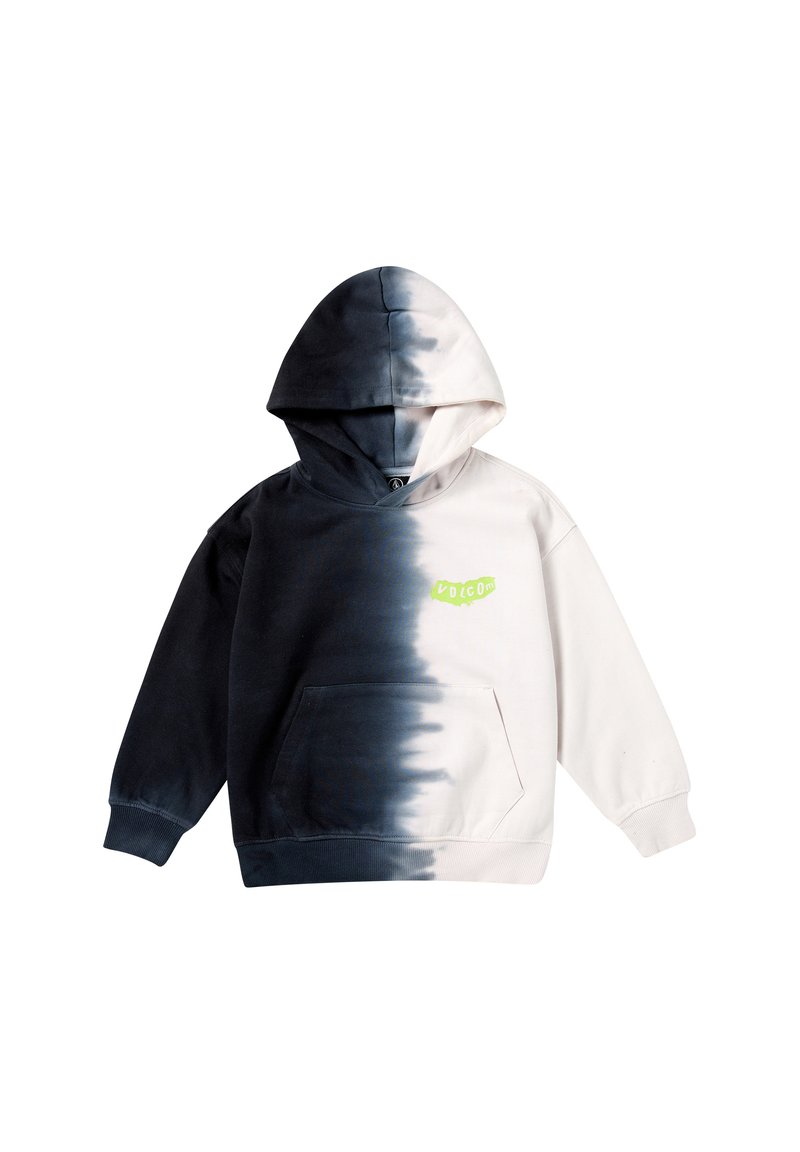 Hoodie met een kleurverloop van zwart naar wit, met een voorzak en een klein groen logo op de borst. Zachte katoenen stof.
