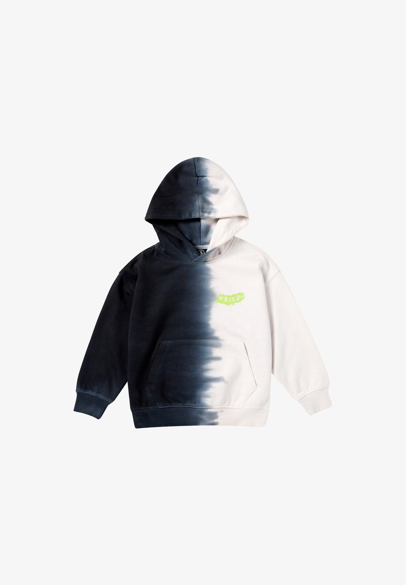 Sweatshirt à capuche avec un dégradé de couleurs allant du noir au blanc, avec une poche avant et un petit logo vert sur la poitrine. Matière en coton douce.