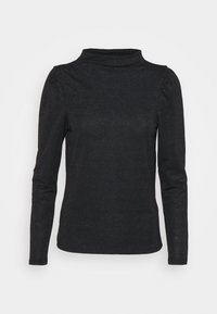 Maglione a maniche lunghe nero con colletto alto, dalla texture leggermente lucida e dettagli arricciati sulle spalle, presenta una vestibilità aderente.