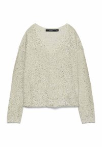 Maglione lavorato a maglia beige chiaro con scollo a V, maniche lunghe e accenti in filo metallico. Presenta un orlo cropped e un tessuto testurizzato.