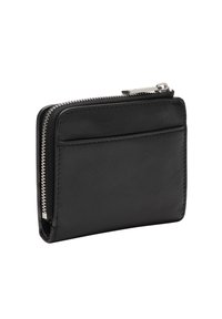 Czarny skórzany portfel z zamykaną na zamek komorą i jednym miejscem na kartę, charakteryzujący si ę gładką teksturą i kontrastowym srebrnym zamkiem.