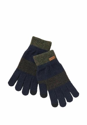 Par de guantes tejidos con rayas verdes y azul oscuro y una pequeña etiqueta marrón en la muñeca, diseñados para el clima frío.