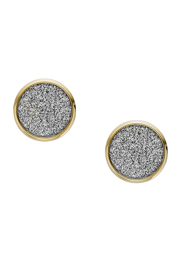 Boucles d'oreilles rondes avec une surface argentée texturée, encadrées dans un métal doré fin. Le design présente une apparence scintillante et pailletée.
