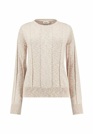 Light beige knitted sweater with long sleeves, round neckline, and textured vertical stripes. Ribbed cuffs and hem detail.