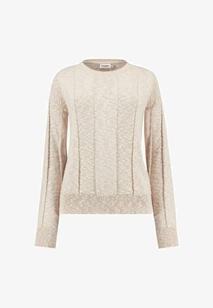 Light beige knitted sweater with long sleeves, round neckline, and textured vertical stripes. Ribbed cuffs and hem detail.