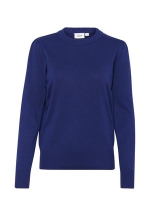 Pulover tricotat de culoare bleumarin, cu guler rotund, mâneci lungi, și manșete și tiv cu nervuri. Are o textură netedă și un design minimalist.