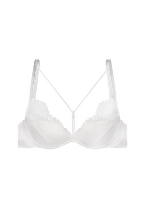 Biały koronkowy biustonosz z fiszbinami, falbaniastymi krawędziami i regulowanymi ramiączkami. Posiada centralny detal z zapięciem dla dodatkowego efektu. Gładka tkanina na całej powierzchni.