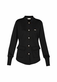 Veste noire à manches longues avec boutons dorés, deux poches avant à rabat et un petit emblème doré sur la poitrine gauche.