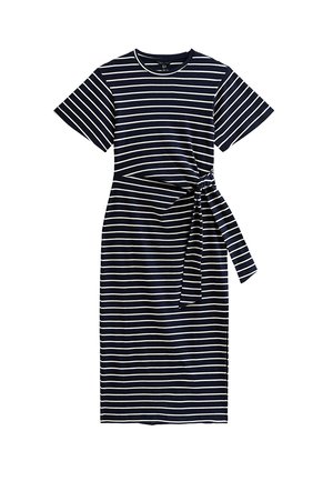 Vestido a rayas horizontales en azul marino y blanco, de largo hasta la rodilla, con mangas cortas y detalle de lazo lateral en la cintura.