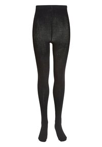 Collants opaques noirs avec une taille haute et une couverture complète des pieds, présentés sur fond blanc.
