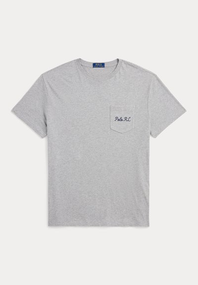 Light gray short-sleeve crew neck t-shirt with a chest pocket embroidered with "Polo RL" in dark blue thread.