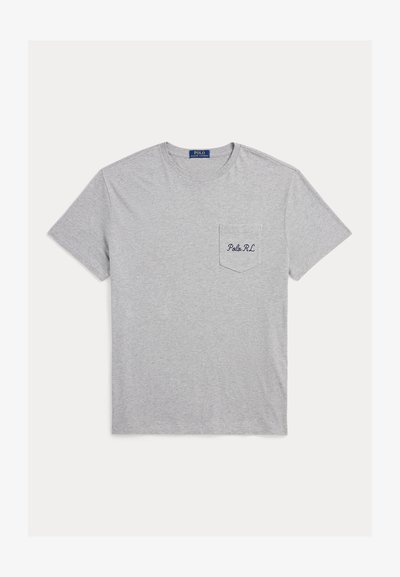 Light gray short-sleeve crew neck t-shirt with a chest pocket embroidered with "Polo RL" in dark blue thread.