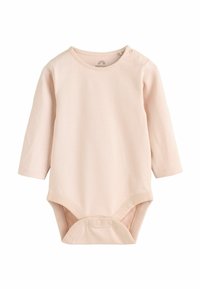 Body niemowlęcy z długim rękawem wykonany z miękkiej różowej bawełny, z okrągłym dekoltem, zapięciem na zatrzaski na ramieniu oraz zatrzaskami na dole.