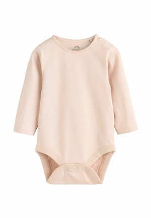 Långärmad babybody i mjuk rosa bomull, med rund halsringning, knäppning vid axeln och tryckknappar i nederkant.