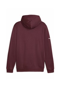 Felpa con cappuccio bordeaux dal tessuto morbido, maniche lunghe e polsini a costine. Presenta un logo bianco sulla manica destra.