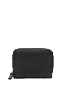 Czarny skórzany portfel na zamek błyskawiczny o gładkiej teksturze, prostokątnym kształcie, z wytłoczonym logo z przodu oraz zamknięciem na zamek z uchwytem.