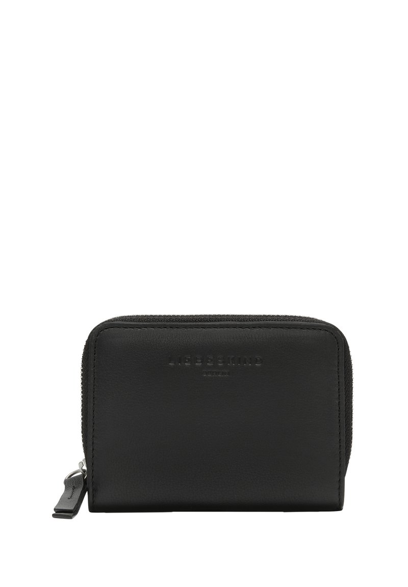 Czarny skórzany portfel na zamek błyskawiczny o gładkiej teksturze, prostokątnym kształcie, z wytłoczonym logo z przodu oraz zamknięciem na zamek z uchwytem.